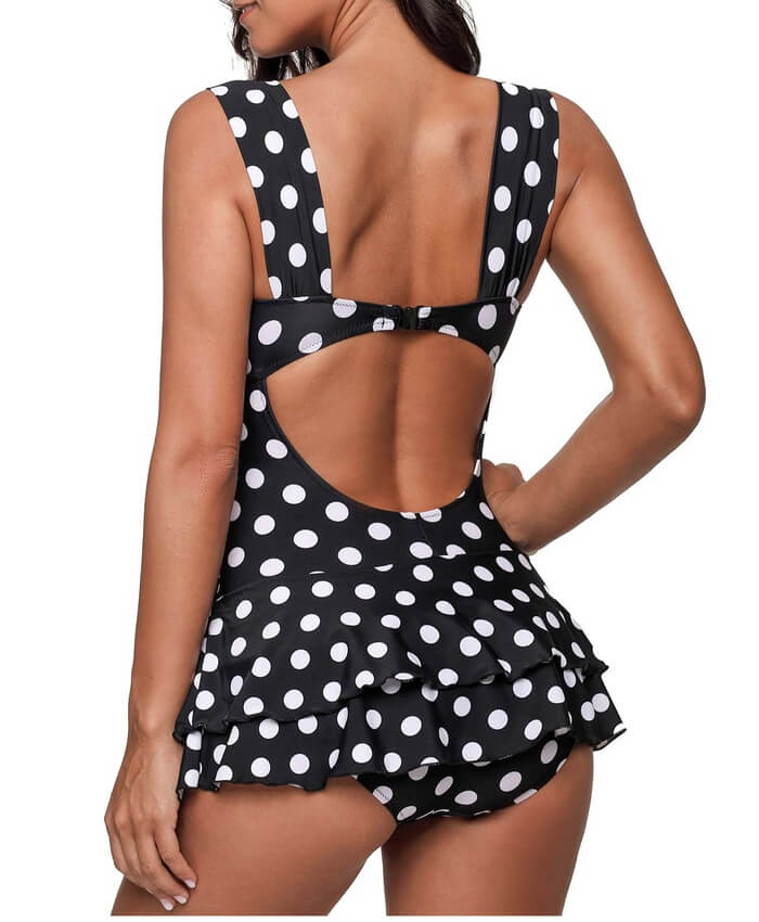 Wide Strap Cutout Back Black One Piece Swimdress